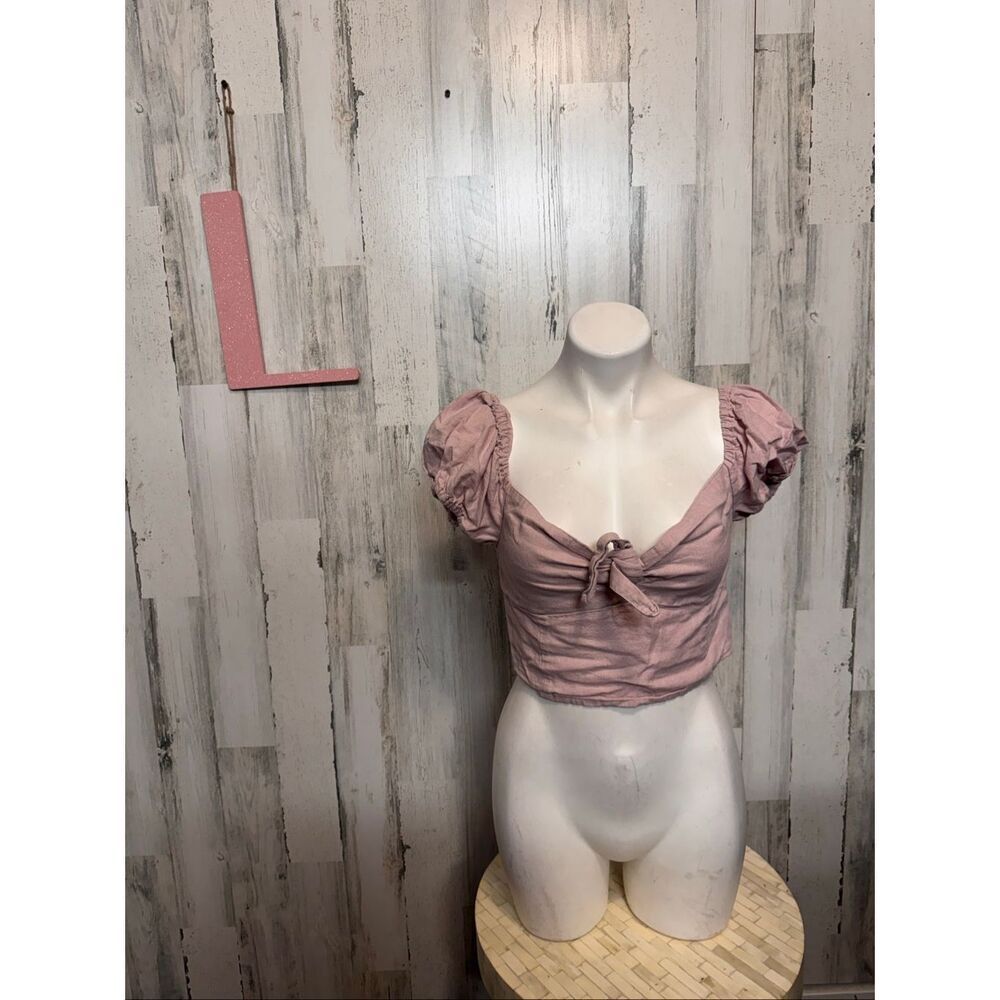 Love Tree Mauve Pink Linen Blend Smocked Back Crop Top Womens Size Large L Tie F